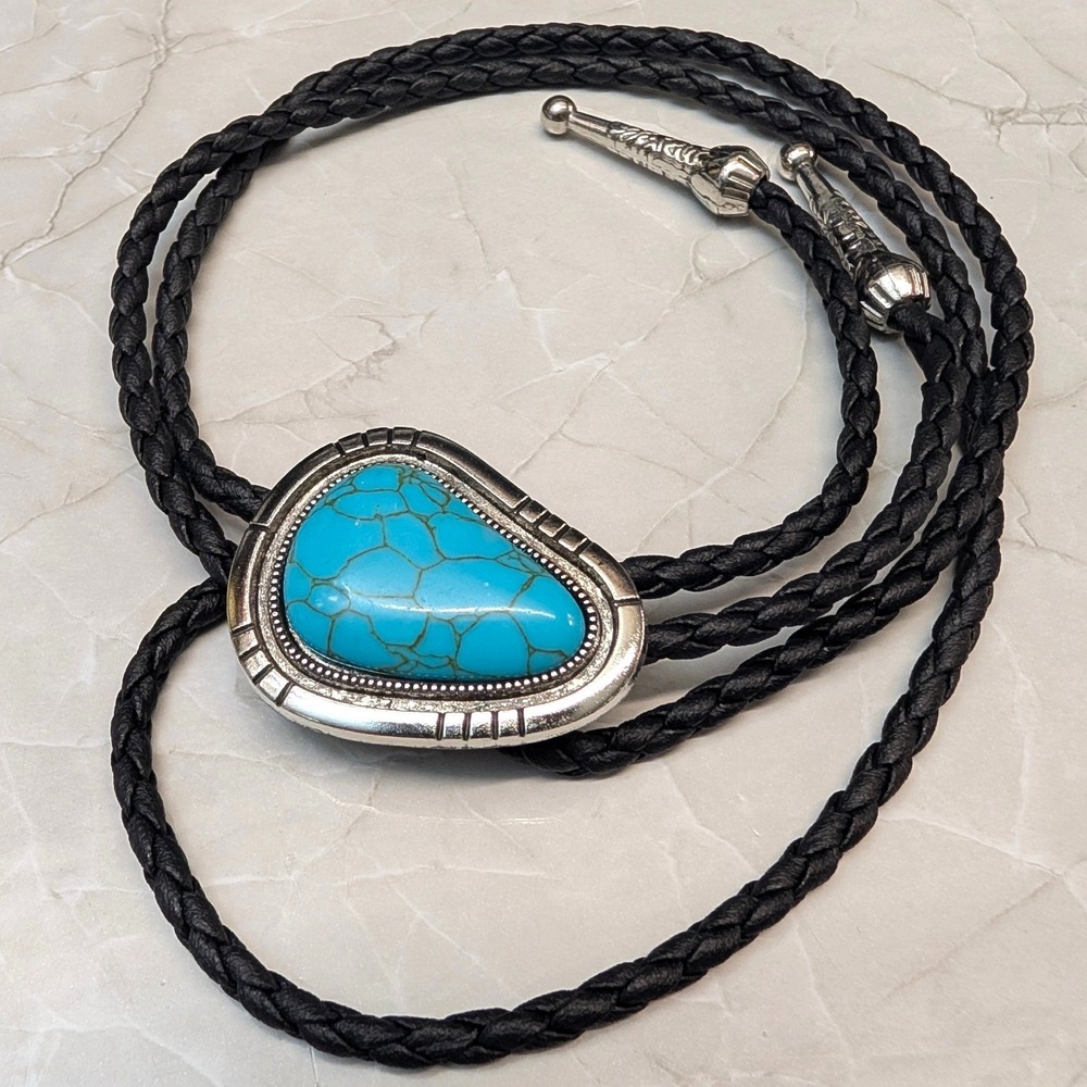 New Bolo Neck Tie Faux Turquoise Silver Tone Braided Cord Western Cowboy Cowgirl